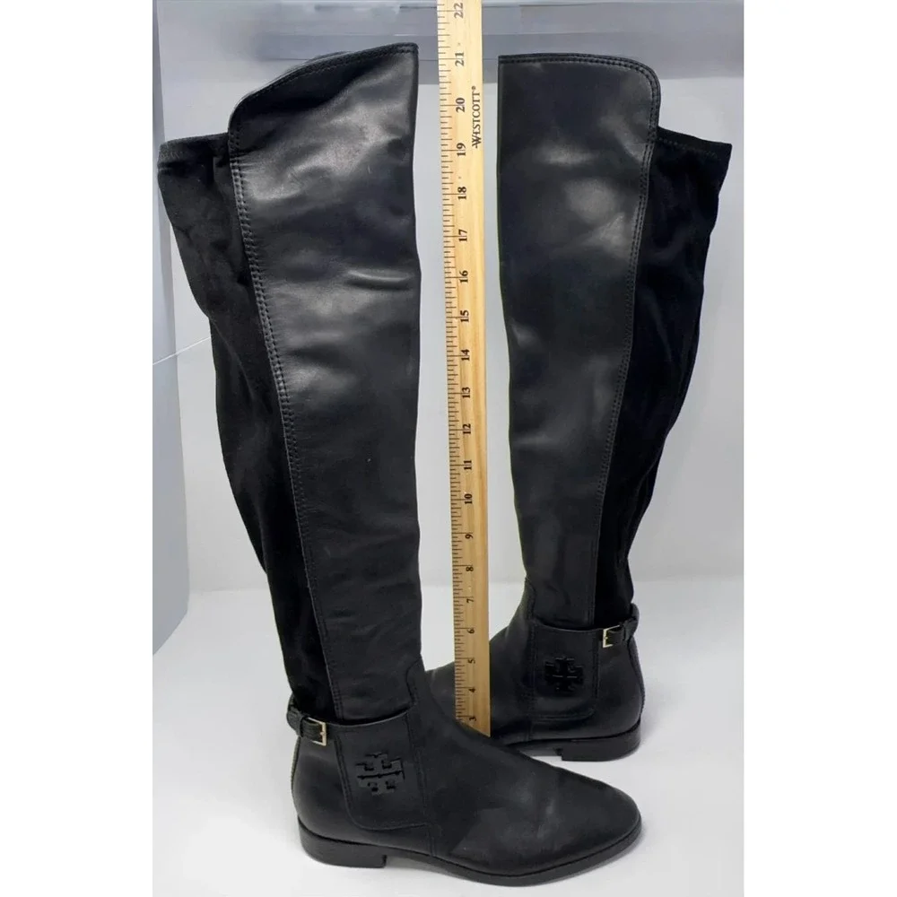 Tory Burch Willa Riding‎ Boots Women's Size 7 Over The Knee Black Leather Suede